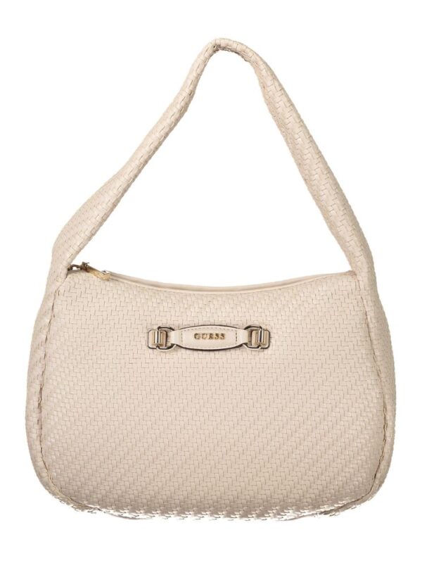 Light beige woven Guess handbag with metal logo detail, stylish and versatile accessory.