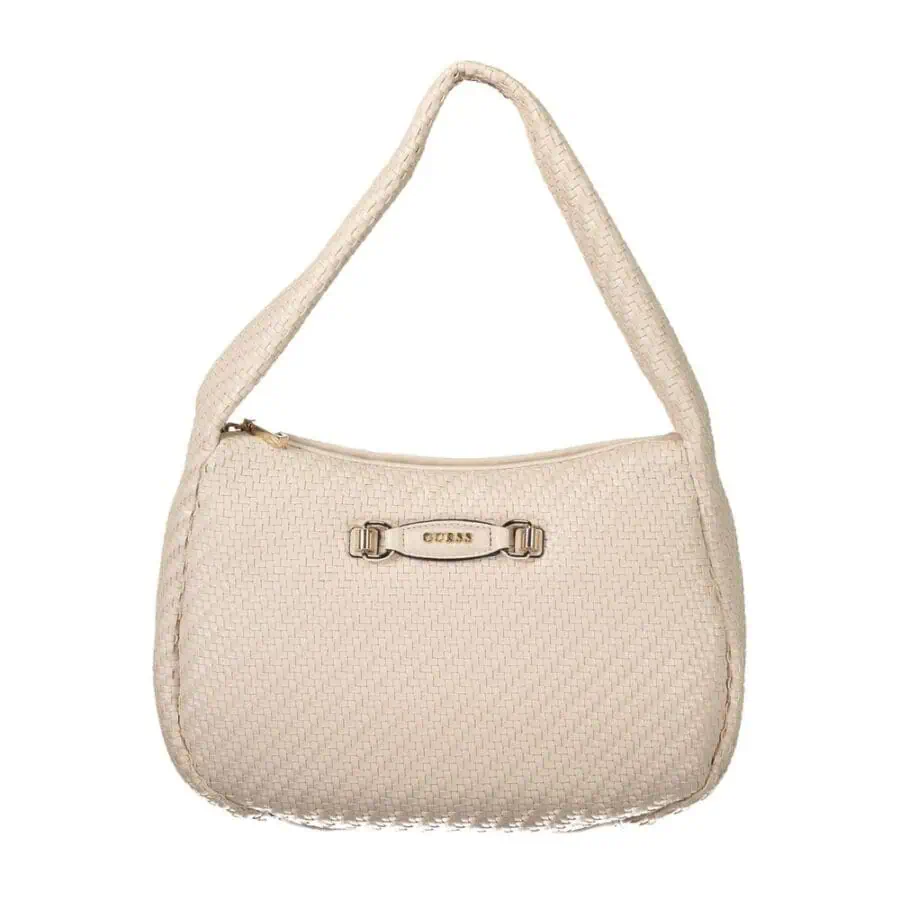 Light beige woven Guess handbag with metal logo detail, stylish and versatile accessory.