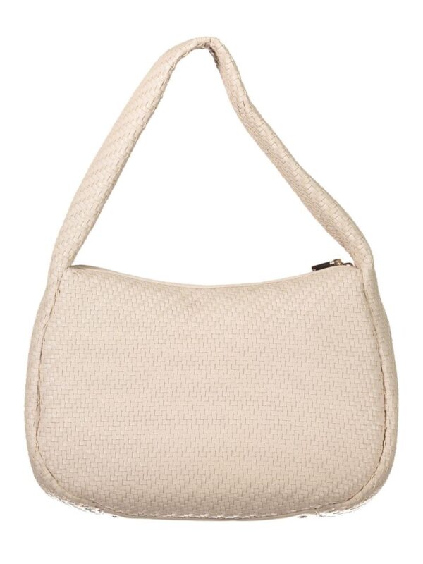 Woven beige straw handbag with shoulder strap, stylish summer accessory.