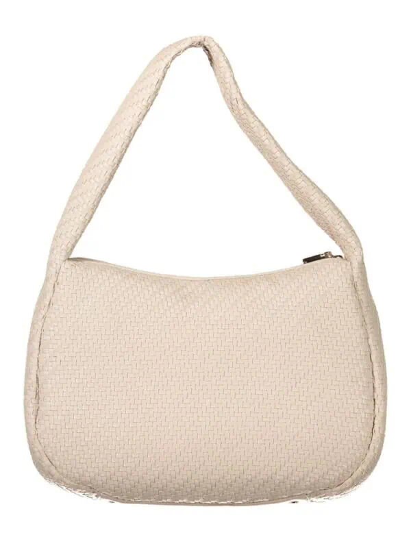 Woven beige straw handbag with shoulder strap, stylish summer accessory.