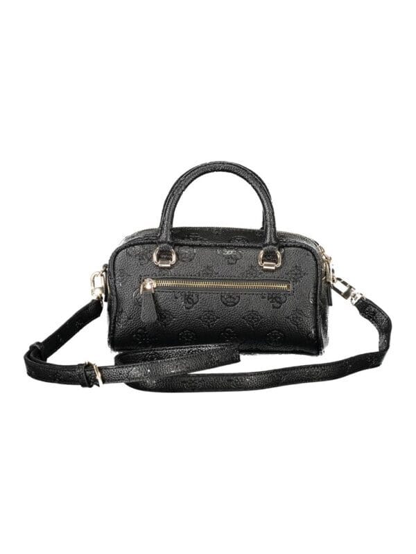 Lux Brands designer black embossed handbag with gold zipper detail and adjustable strap.