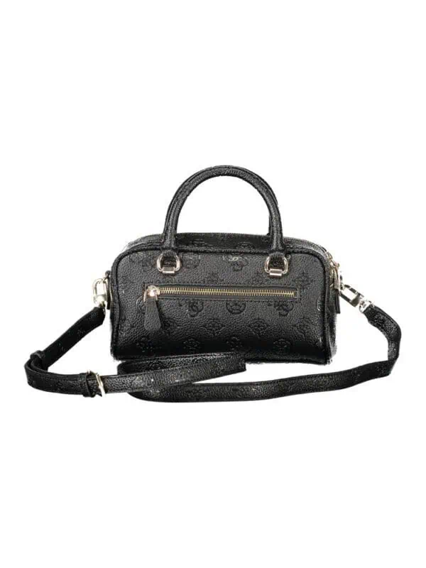 Lux Brands designer black embossed handbag with gold zipper detail and adjustable strap.