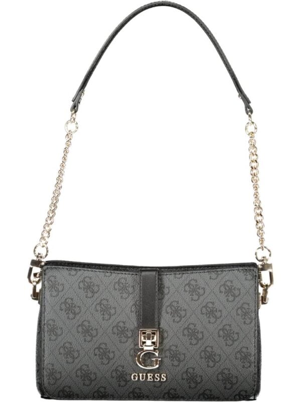 Stylish Guess black shoulder bag with chain strap, logo print, and metal G logo accent, perfect for casual or dressy occasions.