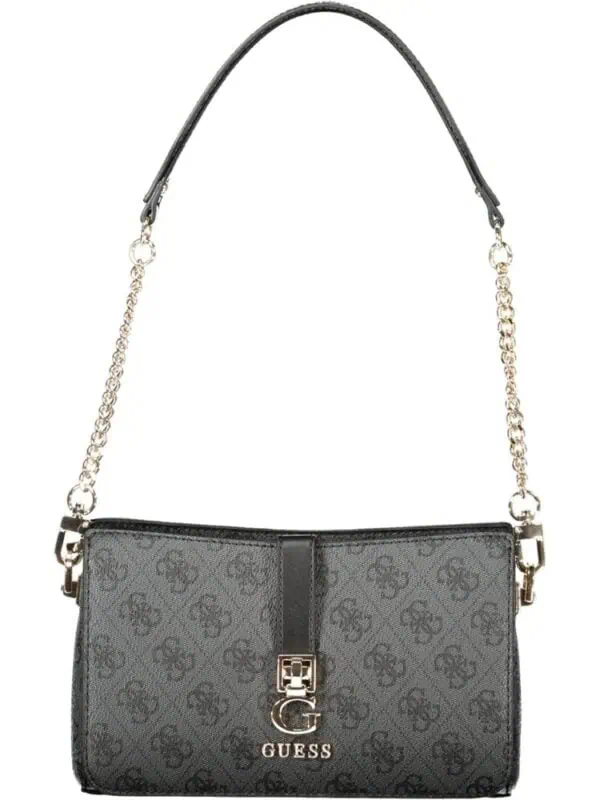 Stylish Guess black shoulder bag with chain strap, logo print, and metal G logo accent, perfect for casual or dressy occasions.