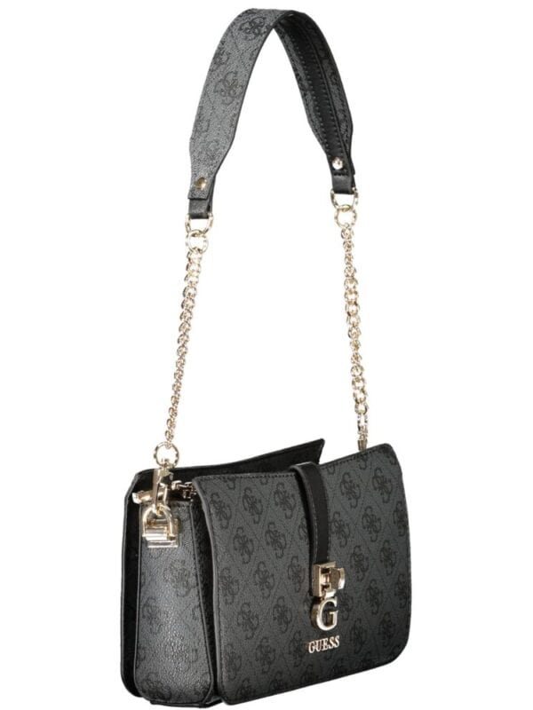 Black Guess handbag with monogram logo pattern, chain strap, and gold-tone hardware.