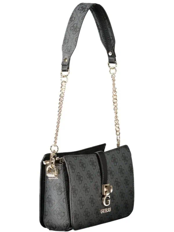 Black Guess handbag with monogram logo pattern, chain strap, and gold-tone hardware.