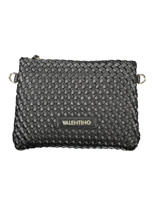Luxurious black Valentino woven leather clutch bag with gold-tone accents, perfect for elegant evening events and stylish outings. The intricate craftsmanship showcases premium design and versatility.