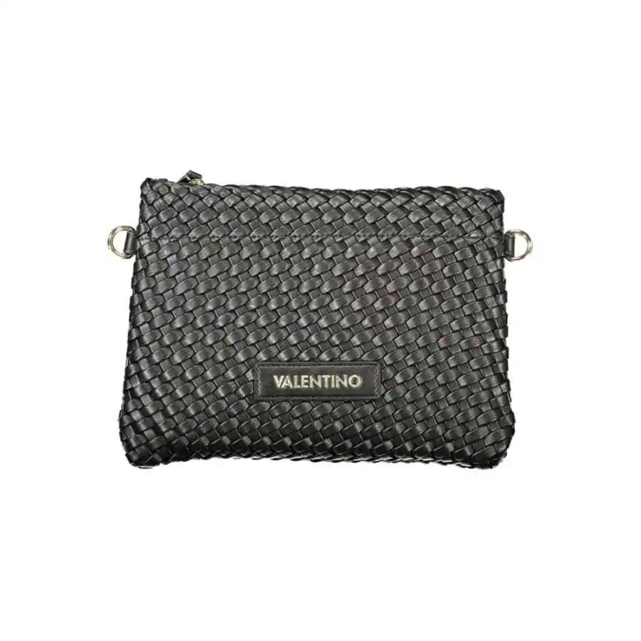 Luxurious black Valentino woven leather clutch bag with gold-tone accents, perfect for elegant evening events and stylish outings. The intricate craftsmanship showcases premium design and versatility.
