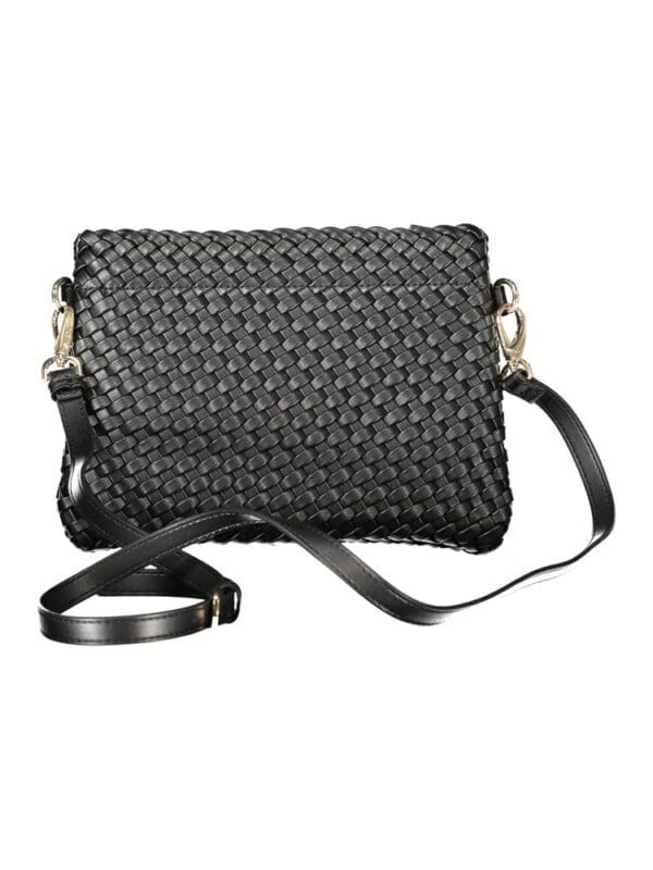 Black woven leather crossbody bag with adjustable strap and gold-tone hardware for a luxurious fashion statement.