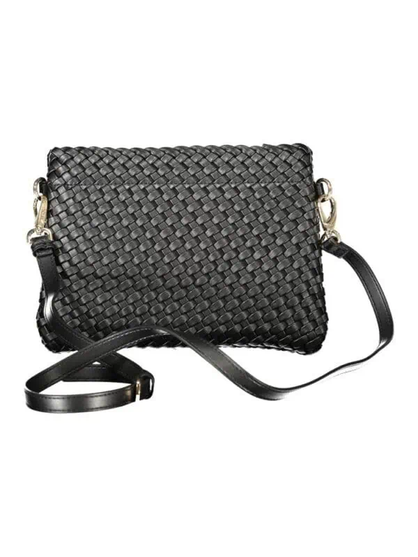 Black woven leather crossbody bag with adjustable strap and gold-tone hardware for a luxurious fashion statement.