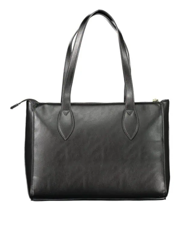 Black leather tote bag with sleek design, sturdy handles, and spacious interior, perfect for everyday use and professional settings.