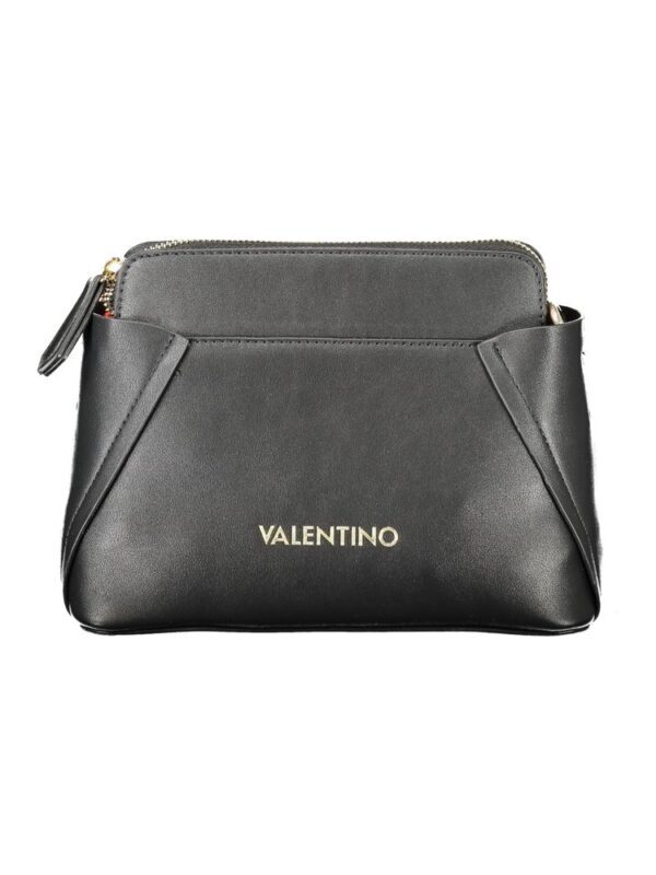 Black Valentino leather crossbody bag with gold logo detail and multiple compartments for stylish organization.
