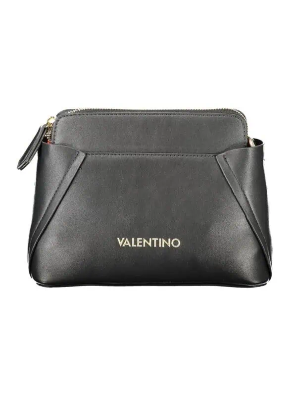 Black Valentino leather crossbody bag with gold logo detail and multiple compartments for stylish organization.