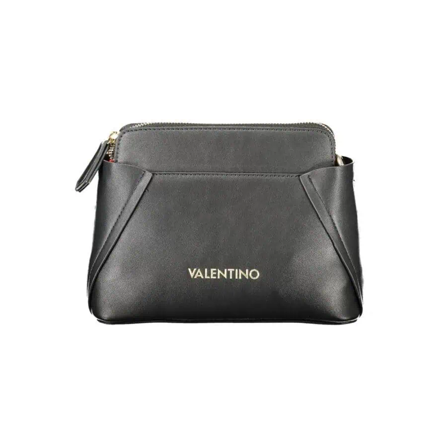 Black Valentino leather crossbody bag with gold logo detail and multiple compartments for stylish organization.