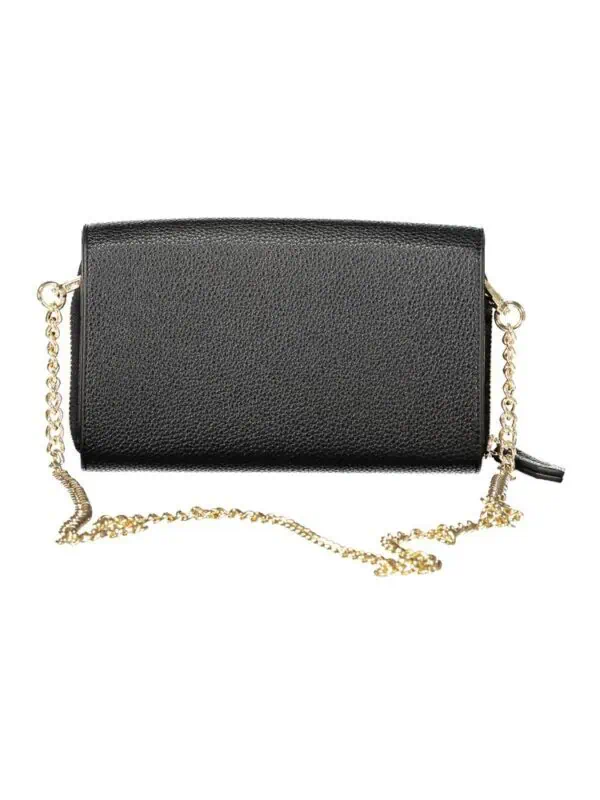 Elegant black leather clutch handbag with a gold chain strap, perfect for evening events and formal occasions.