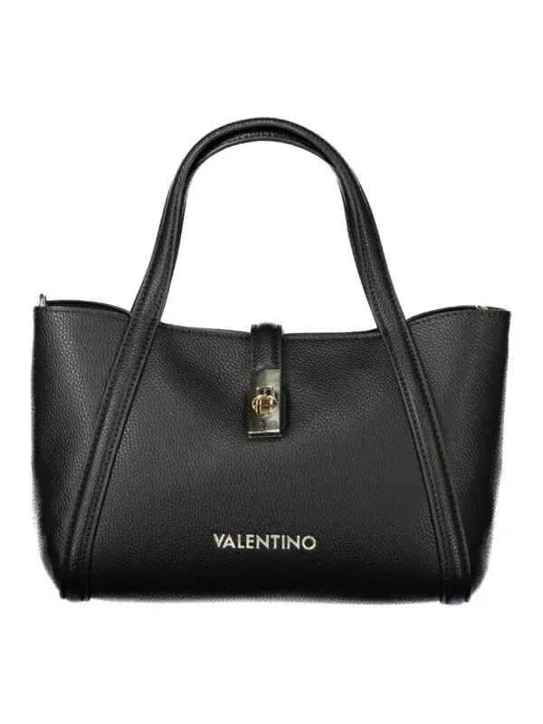Black Valentino leather tote bag with gold-tone logo and structured design for luxury style and everyday use.