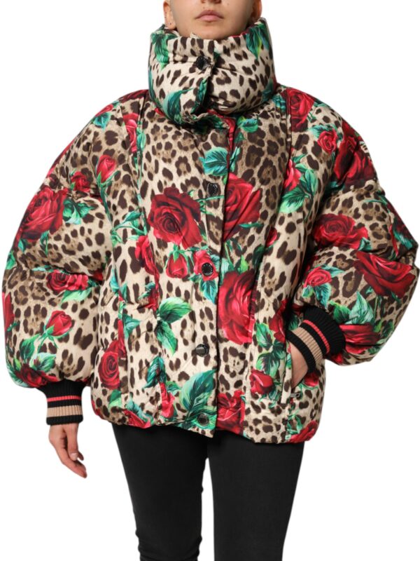 Dolce & Gabbana Multicolor Leopard Rose Puffer Quilted Jacket