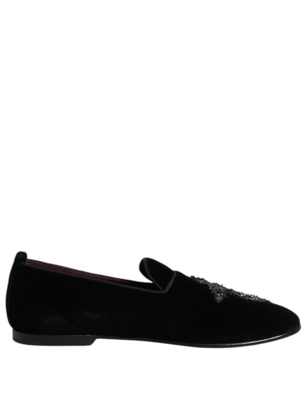 Dolce & Gabbana Black Velvet Embellished Loafer Slip On Shoes