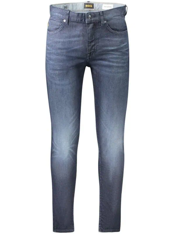 Dark blue slim fit jeans with slight fading and classic five-pocket design, perfect for casual and stylish wear.