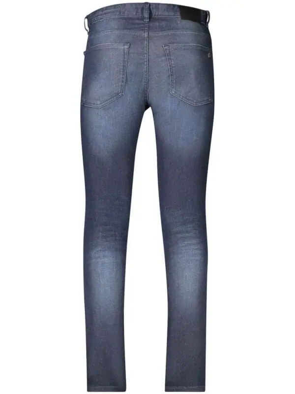 Men's slim fit distressed denim jeans with classic five-pocket design, versatile dark wash, and comfortable stretch fabric for casual and stylish looks.