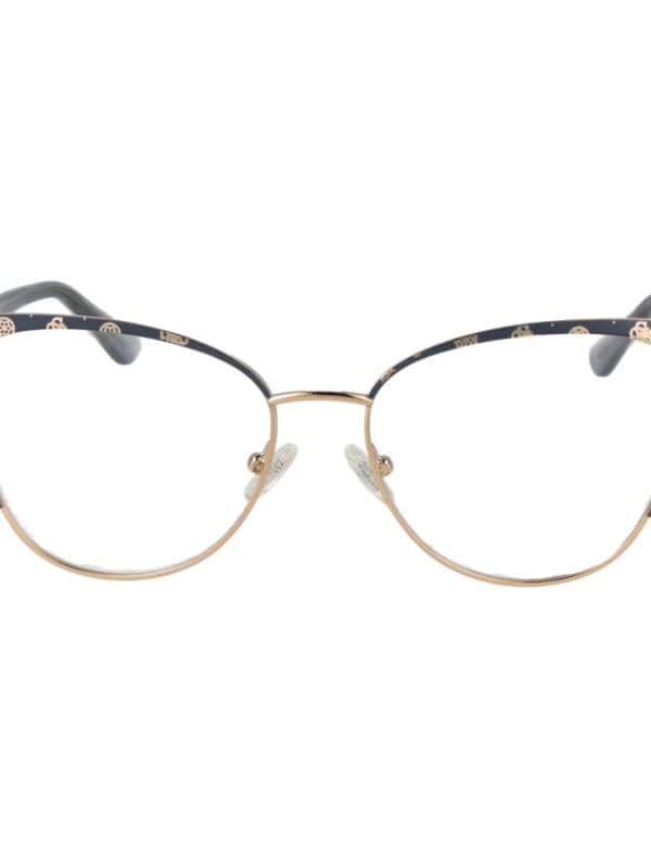 Fashionable cat-eye glasses with a navy and gold floral pattern, perfect for stylish and elegant eyewear. Stylish frames combining modern design with classic details for a sophisticated look.