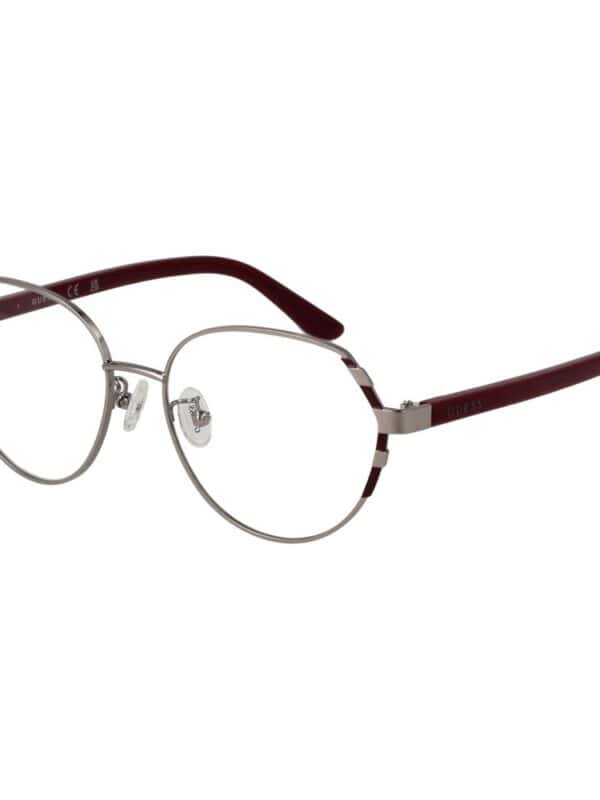 Clear metal-frame eyeglasses with red temple arms, stylish and lightweight, perfect for everyday wear.