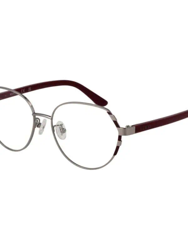 Clear metal-frame eyeglasses with red temple arms, stylish and lightweight, perfect for everyday wear.