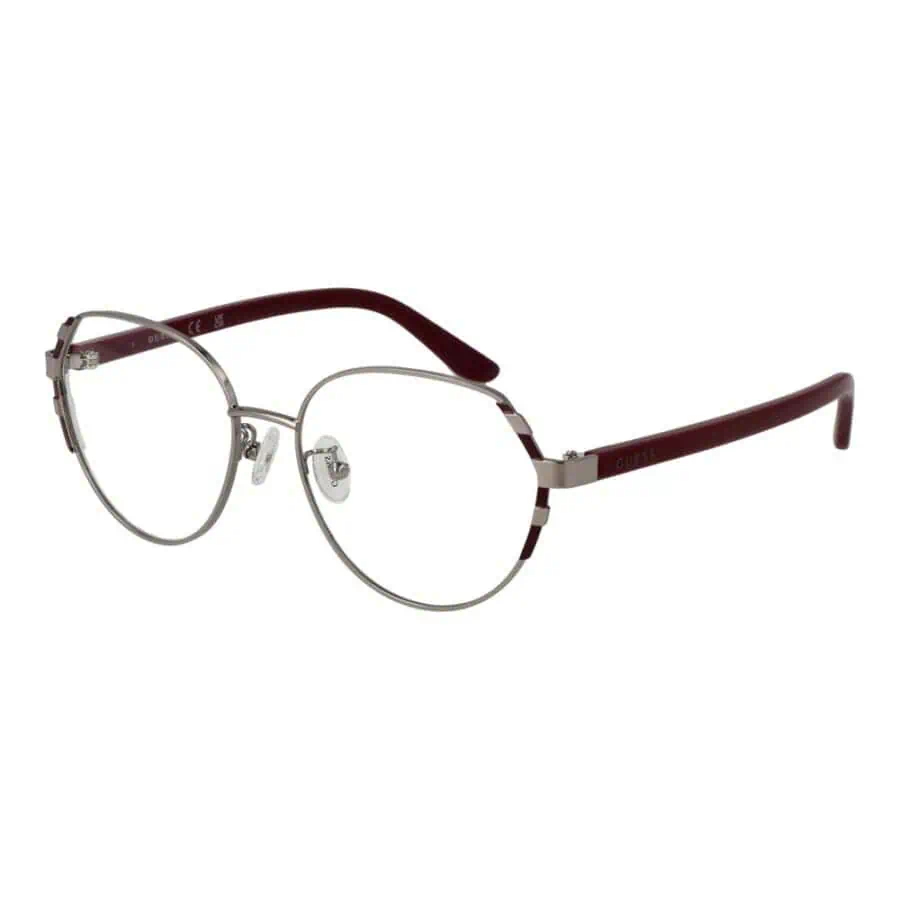 Clear metal-frame eyeglasses with red temple arms, stylish and lightweight, perfect for everyday wear.