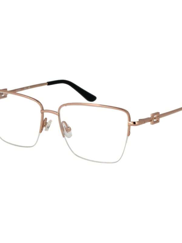 Designer rimless glasses with gold accents and adjustable nose pads for a sophisticated look.