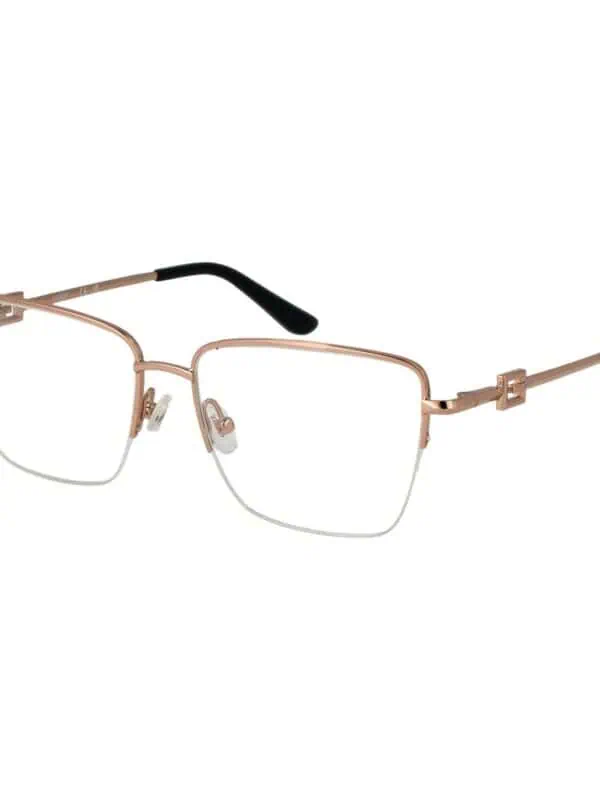 Designer rimless glasses with gold accents and adjustable nose pads for a sophisticated look.