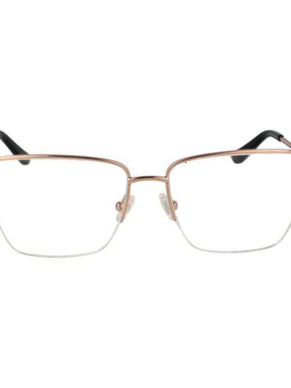 Elegant rose gold rimless eyeglasses with adjustable nose pads and black temple tips for a sophisticated, stylish look. Perfect for a refined, modern aesthetic.