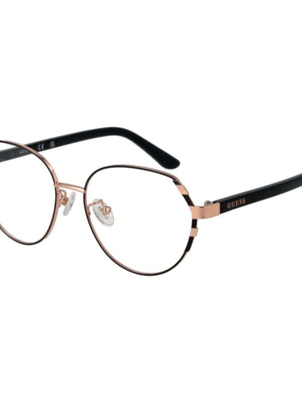 Elegant Guess women's eyeglasses with round frames, rose gold accents, and black temple arms for a stylish, sophisticated look. Perfect accessories for fashion-forward women.