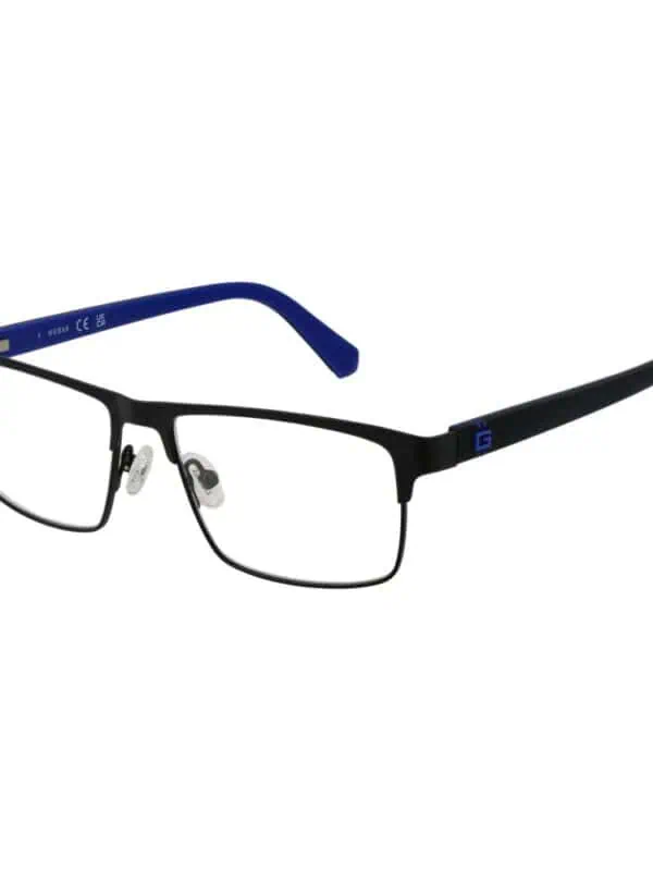 Stylish black and blue men's eyeglasses with rectangular lenses, comfortable nose pads, and lightweight frame for everyday wear. Perfect for vision correction and fashion.