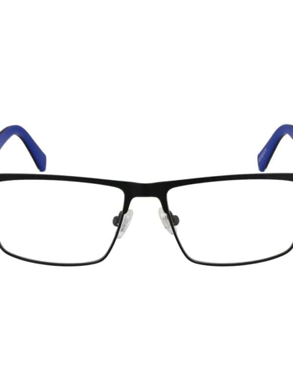 Sleek black rectangular eyeglasses with blue accents on the arms, perfect for a modern, sophisticated look and clear vision correction.
