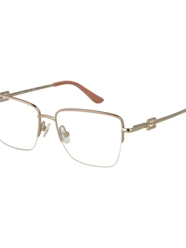 Elegant gold rectangular eyeglasses with pink accents, lightweight metal frame, adjustable nose pads, perfect for sophisticated eyewear style.