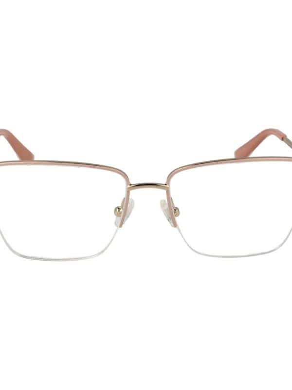 Elegant women's rectangular metal rimless eyeglasses with blush pink temple tips, perfect for a sophisticated and stylish look.