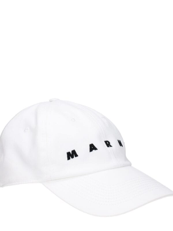 White Marni baseball cap with black embroidered logo, adjustable strap, and curved brim for a stylish casual accessory. Perfect for trendy streetwear and everyday wear.