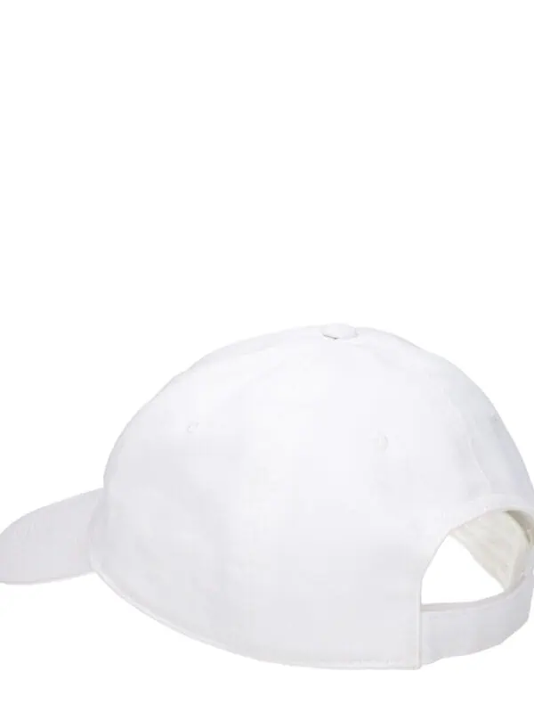 White adjustable baseball cap with a curved brim and back strap for a comfortable fit. Perfect for casual wear and outdoor activities.