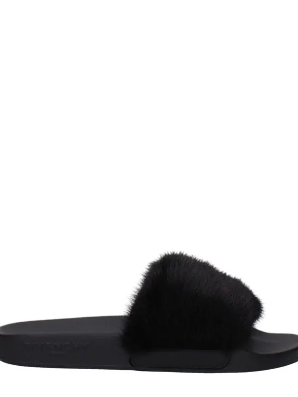 Lux Brands faux fur slides with a sleek black sole, perfect for stylish comfort and casual wear. Designed with luxurious furry straps for a trendy, high-end look.