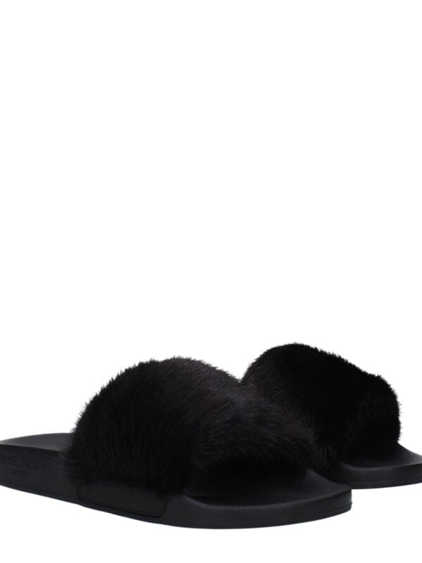 Lux Brands black faux fur slide sandals with open toe and flat sole, perfect for stylish casual and lounge wear. Made with high-quality faux fur for a trendy, luxurious look.