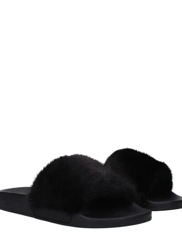 Lux Brands black faux fur slide sandals with open toe and flat sole, perfect for stylish casual and lounge wear. Made with high-quality faux fur for a trendy, luxurious look.