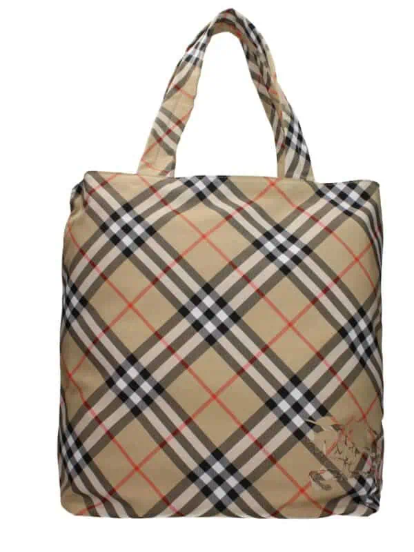 Classic Burberry check pattern tote bag made from durable fabric, featuring signature plaid design with light brown, black, white, and red accents, perfect for stylish everyday use.