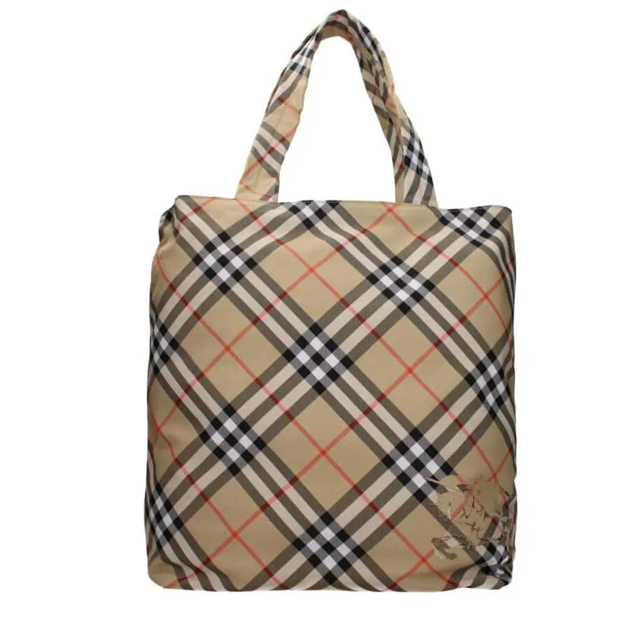Classic Burberry check pattern tote bag made from durable fabric, featuring signature plaid design with light brown, black, white, and red accents, perfect for stylish everyday use.