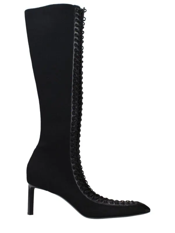 1. Stylish black high-heeled lace-up knee-high boot made from premium fabric with a sleek pointed toe and stiletto heel. Ideal for fashion-forward night outings or sophisticated casual wear.