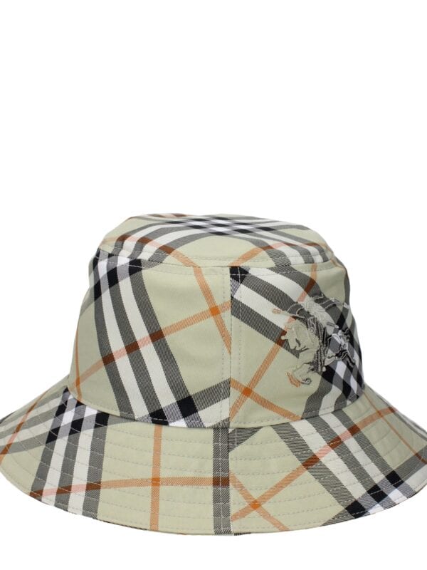 Vintage beige plaid bucket hat with embroidered horse logo, stylish accessory for casual and outdoor wear. Perfect for sun protection and adding a chic touch to your outfit.