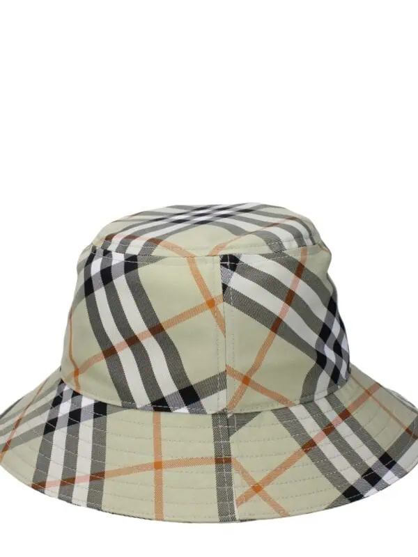 1. Classic plaid bucket hat in beige, black, white, and orange, perfect for sun protection and stylish accessory.