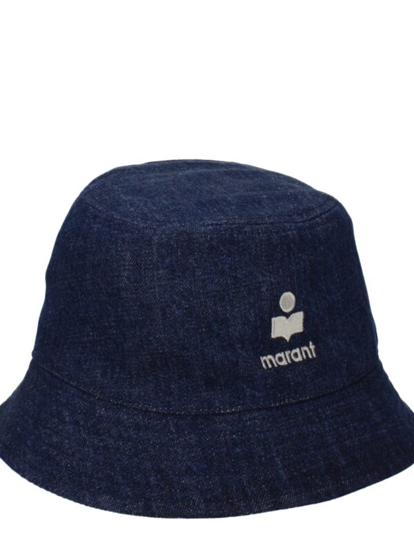1. Denim bucket hat with Marant logo embroidery, stylish accessory for casual outfits and sun protection in trendy dark blue denim fabric.