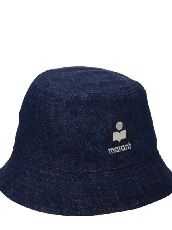 1. Denim bucket hat with Marant logo embroidery, stylish accessory for casual outfits and sun protection in trendy dark blue denim fabric.