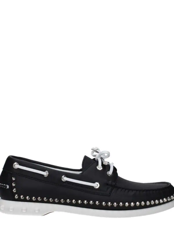 Luxury black leather boat shoes with silver-tone studs, white rubber soles, and white laces, perfect for a stylish, casual look.