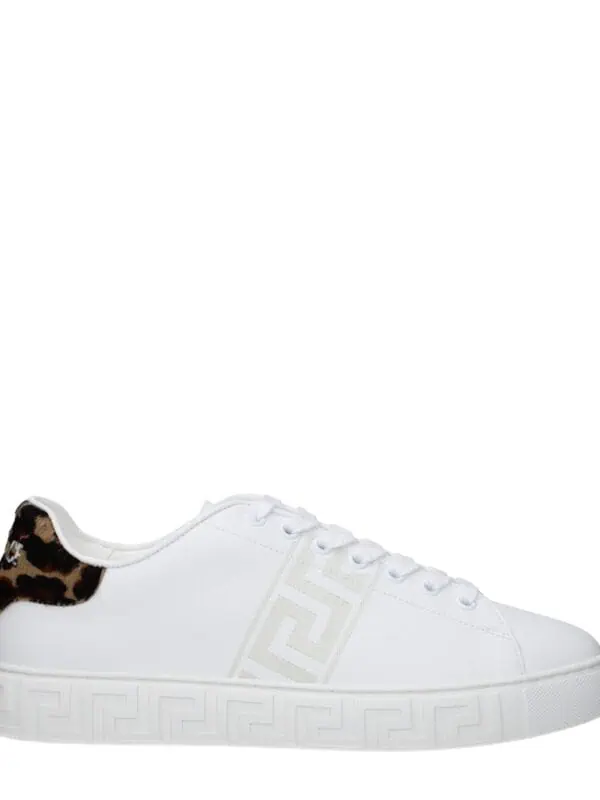 Luxury white sneakers with leopard print accents, embossed sole pattern, and designer logo detail, perfect for chic casual wear.